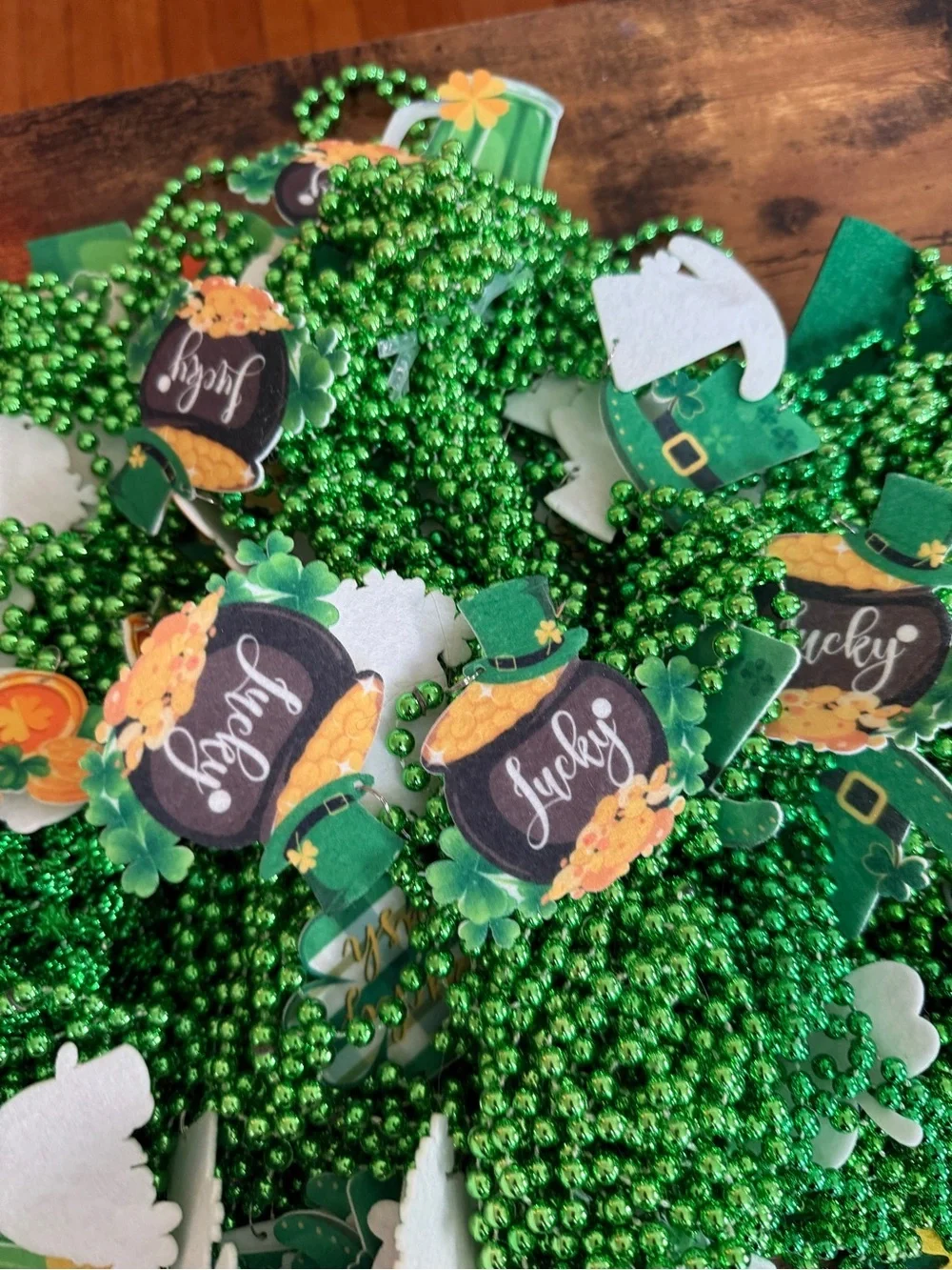 St. Patrick's Day Green Party Bead Necklaces with Themed Charms large lot